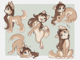 alternate_form border brown_body brown_fur brown_hair brown_tail butt countershade_fur countershade_torso countershading feet female feral feralized front_view fur green_eyes hair heart_symbol inner_ear_fluff open_mouth open_smile pawpads paws quadruped side_view simple_background sitting smile solo standing tail teeth toes tongue tuft white_border yshanii cotton_(yshanii) canid canine canis dingo mammal 2025 digital_drawing_(artwork) digital_media_(artwork) hi_res