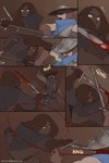 5_fingers armor blood blood_on_weapon bodily_fluids breastplate brown_hair clothing death duo fight fingers gloves hair halberd handwear headgear helmet human_only killing light_body light_skin male melee_weapon not_furry polearm slash slashing sword text weapon arbuzbudesh human mammal 2025 2:3 colored comic english_text hi_res