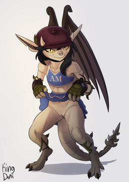 2_horns 4_fingers anthro barefoot black_hair blue_bottomwear blue_clothing blue_shirt blue_skirt blue_topwear blush bottomwear brown_wings cheerleader cheerleader_outfit claws closed_smile clothed clothed_anthro clothed_female clothing clothing_lift facial_piercing feet female female_anthro fingerless_gloves fingers furgonomic_hat furgonomic_headwear furgonomics genitals glistening glistening_eyes glistening_genitalia glistening_vulva gloves green_clothing green_gloves green_handwear hair handwear hat headgear headwear horn looking_at_viewer membrane_(anatomy) membranous_wings mouth_closed multicolored_bottomwear multicolored_clothing multicolored_shirt multicolored_skirt multicolored_topwear navel newsboy_cap no_underwear non-mammal_navel non-mammal_vulva nose_piercing nose_ring piercing pointy_ears presenting presenting_vulva prick_ears red_clothing red_hat red_headwear ring_piercing septum_piercing septum_ring shirt simple_background skirt skirt_lift smile smiling_at_viewer solo tail tan_body tan_skin tan_tail tapering_tail teeth text text_on_clothing text_on_shirt text_on_topwear toe_claws toes topwear two_tone_bottomwear two_tone_clothing two_tone_shirt two_tone_skirt two_tone_topwear vulva white_background white_bottomwear white_clothing white_shirt white_skirt white_topwear wings yellow_eyes yellow_sclera kingdorkster deadlock_(game) valve ivy_(deadlock) gargoyle 2026 absurd_res artist_name digital_media_(artwork) hi_res