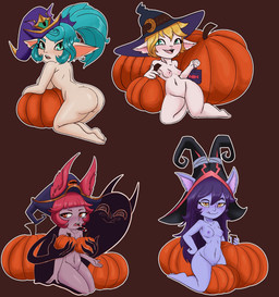animal_ears animal_nose areola big_breasts big_butt big_hair black_clothing black_hat black_headwear blonde_hair blue_clothing blue_hair blue_hat blue_headwear blush breasts brown_background butt candy_cane_in_mouth clothing covering covering_breasts eyelashes featureless_crotch feet female food front_view fruit fur genitals green_eyes group hair hand_on_hip hat hat_only headgear headgear_only headwear headwear_only holidays humanoid_pointy_ears kneeling licking licking_lips licking_own_lips long_hair looking_at_viewer looking_back looking_back_at_viewer mostly_nude navel nipples nude open_mouth open_smile orange_eyes pigtails pink_areola pink_body pink_fur pink_hair pink_nipples pink_nose plant pointy_ears pumpkin pupils purple_areola purple_body purple_clothing purple_fur purple_hair purple_hat purple_headwear purple_nipples purple_skin rear_view short_hair short_stack simple_background slit_pupils small_breasts smile tan_body tan_skin thick_thighs tongue tongue_out vulva wide_hips witch_hat bluesparrow halloween league_of_legends riot_games tencent lulu_(lol) poppy_(lol) tristana_(lol) vex_(lol) humanoid yordle hi_res