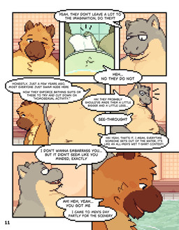 anthro balls belly blush bottomwear brown_body brown_fur clothed clothing dialogue duo flaccid foreskin fur genitals hot_spring humanoid_genitalia humanoid_penis inside loincloth loincloth_only looking_at_genitalia looking_at_penis male moobs nipples open_mouth overweight overweight_anthro overweight_male partially_submerged penis penis_poking_out smile speech_bubble text topless water conditional_dnp mabit gabe_(mabit) manny_(mabit) capybara caviid common_hippopotamus hippopotamid mammal rodent 2026 comic digital_media_(artwork) english_text hi_res pixel_(artwork)