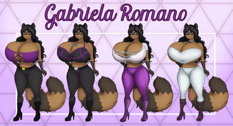 amber_eyes anthro belt big_breasts black_bottomwear black_clothing black_hair black_pants boots bottomwear breasts brown_body brown_fur buckle cleavage clothed clothing costume female fluffy fluffy_tail footwear freckled_face freckles fur hair high_heeled_boots high_heels hispanic huge_breasts hyper hyper_breasts jewelry leggings legwear long_hair mexican midriff multicolored_clothing multicolored_tail navel necklace outfit_sheet panties pants pendant purple_bottomwear purple_clothing purple_pants purple_topwear shoes solo standing tail thick_thighs topwear tube_top underwear white_clothing white_panties white_topwear white_underwear vanthi gabriela_romano_(lildredre) mammal procyonid raccoon hi_res