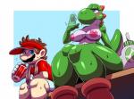 abstract_background anthro areola blue_eyes blush bodily_fluids breasts brown_hair casual_nudity clothed clothing duo facial_hair female gloves green_body green_skin hair handwear holding_object male mustache nipples red_clothing sweat sssonic2 toto_draw mario_bros mario_tennis_aces nintendo mario green_yoshi human mammal scalie yoshi 2018 artist_collaboration digital_media_(artwork)