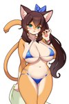 anthro big_breasts bikini blue_bikini blue_clothing blue_swimwear bracelet breasts brown_body brown_fur brown_hair bulging_breasts clothing eyebrows eyelashes female female_anthro fur glistening glistening_breasts gloves_(marking) green_eyes hair hair_blow holding_object huge_breasts inner_ear_fluff jewelry kemono long_hair looking_at_viewer markings navel open_mouth solo swimwear tan_body tan_fur towel tuft two-piece_swimsuit whooo-ya nana_(whooo-ya) domestic_cat felid feline felis mammal 2023 2:3 absurd_res hi_res