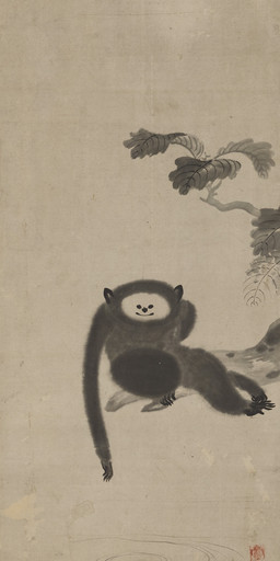 5_fingers 5_toes ambiguous_feral ambiguous_gender branch dot_eyes feet feral fingers front_view fur leaf long_arms on_branch plant simple_background simple_eyes sitting smile solo toes tree water_ripple kano_sansetsu public_domain haplorhine mammal monkey primate 17th_century absurd_res ancient_art hi_res painting_(artwork) traditional_media_(artwork) traditional_painting_(artwork)
