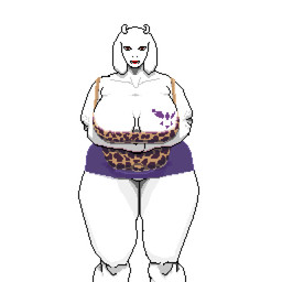 2_horns alternate_costume animal_print anthro arm_under_breasts bare_shoulders big_breasts biped bottomwear breast_tattoo breasts cleavage cleavage_overflow clothed clothed_anthro clothed_female clothing collarbone curved_horn fangs female floppy_ears front_view fully_clothed fully_clothed_anthro fully_clothed_female fur horn huge_breasts iris leopard_print light_body light_fur lipstick looking_at_viewer lop_ears makeup mature_anthro mature_female microskirt miniskirt monotone_background mouth_closed multicolored_clothing multicolored_shirt multicolored_topwear no_pupils overweight overweight_anthro overweight_female panties panty_shot print_clothing print_shirt print_topwear purple_bottomwear purple_clothing purple_eyes purple_microskirt purple_miniskirt purple_skirt purple_tattoo red_lipstick shirt short_horn simple_background skimpy skirt small_horn solo standing tattoo teeth thick_thighs topwear two_tone_clothing two_tone_shirt two_tone_topwear underwear upskirt white_background white_body white_breasts white_clothing white_ears white_fur white_horn white_panties white_sclera white_underwear wide_hips theguvilek undertale undertale_(series) toriel boss_monster_(undertale) bovid caprine goat mammal 1:1 2026 digital_drawing_(artwork) digital_media_(artwork) hi_res pixel_(artwork) portrait three-quarter_portrait
