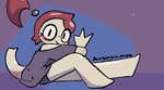 amputee anthro barefoot clothing disability feet female hair oversized_clothing red_hair simple_background simple_coloring simple_eyes simple_face solo toony underwear arsinnamon anne_(nekuzx) reptile scalie shaded simple_shading