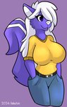 anthro belt big_breasts bottomwear breasts clothed clothing eyebrows female food multicolored_body open_mouth pants pink_tongue purple_background purple_body purple_eyes raised_eyebrow shirt simple_background solo standing tail tongue topwear white_nose hakuten food_creature mammal mephitid skunk 2024