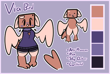 ambiguous_gender anthro blush border purple_border solo wings viabird via_(viabird) avian bird box_head hi_res model_sheet