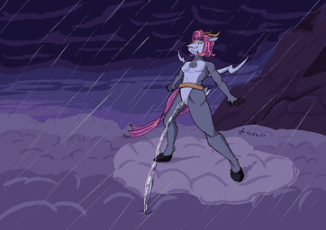 above_clouds anthro blush bodily_fluids breasts cloud electricity featureless_breasts female female_peeing front_view genital_fluids genitals hair infinite_genital_fluids infinite_urine lightning mostly_nude peeing peeing_outside pink_hair raining solo spread_legs spreading standing_pee urine vulva valrionwrites rivals_of_aether absa bovid caprine goat mammal animated