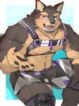 abs anthro bottomwear brown_body brown_fur bulge clothing fur harness jewelry male muscular muscular_anthro muscular_male necklace nipples pawpads pecs purple_eyes shorts smile solo kannepaz lifewonders live_a_hero pubraseer canid canine canis domestic_dog mammal absurd_res hi_res