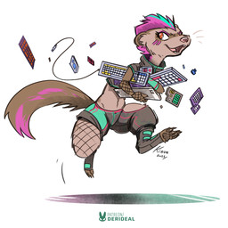 anthro bottomwear brown_body brown_fur clothed clothing facial_markings female fishnet_clothing fishnet_legwear fur green_highlights grey_bottomwear grey_clothing grey_jacket grey_pants grey_topwear hair head_markings highlights_(coloring) jacket keyboard legwear markings mask_(marking) midriff open_mouth pants pawpads pink_hair running simple_background slim solo tail teeth topwear kiaun brolly_ferret domestic_ferret mammal mustelid musteline true_musteline weasel 1:1 colored digital_media_(artwork) full-length_portrait hi_res portrait