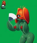 big_breasts breasts elemental_creature female flora_fauna flower genitals green_background hi_res humanoid navel nipples not_furry open_mouth paper_fan plant pussy screwroot simple_background solo terranigma