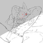 anthro bed biped fur furniture looking_at_viewer lying machine male muscular muscular_anthro muscular_male on_back on_bed red_eyes shirtless_anthro shirtless_male solo white_body white_fur deignasten wire_(deignasten) protogen 1:1 2024 hi_res