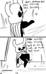 2_horns 2_panel_comic biped black_body black_eyes black_text cloak clothing dialogue ellipsis eyebrows horn male outside solo standing talking_to_self text white_head skeletorskeletonized hollow_knight team_cherry zote_(hollow_knight) arthropod 2020 5:8 comic english_text hi_res monochrome