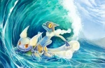 ambiguous_gender blue_body blue_skin bubble cloud detailed_background duo feathered_wings feathers feral head_wings mountain orange_eyes outside riding sea seascape shell sky smile surf_(pokemon_move) surfer surfing swimming unusual_wing_placement water wave wings eldrige nintendo pokemon amphibian frogadier generation_1_pokemon generation_6_pokemon pokemon_(species) reptile scalie wartortle