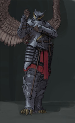 anthro armor clothed clothing fully_clothed headgear helmet male plate_armor putting_on_clothes solo standing wings glewes avian bird owl absurd_res hi_res