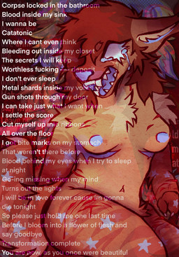 anthro blood blood_from_wound blue_body blue_skin bodily_fluids breasts brown_body brown_fur crying female fur lyrics markings mastectomy_scar scar self-harm solo star_(marking) stripes tears text vent_art visibly_trans wounded yelling starrmutt femtanyl altayr aardwolf brown_hyena hyena mammal 2025 digital_media_(artwork) english_text hi_res trans_(lore)