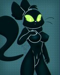 anthro areola black_body blue_areola blue_nipples breasts female floating_ears floating_tail floating_whiskers fur glowing glowing_eyes green_body green_eyes green_fur looking_at_viewer nipples simple_background solo whiskers shountar nazkay_(shountar) aulalism_(shountar) domestic_cat felid feline felis mammal unknown_species 4:5 signature