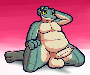 3_toes anthro balls belly big_balls big_belly big_penis black_eyes blush bodily_fluids erection feet foreskin genital_fluids genitals glans green_body green_skin half-closed_eyes hand_on_head hand_on_leg hand_on_thigh humanoid_genitalia humanoid_penis kneeling looking_at_viewer male motion_lines narrowed_eyes overweight overweight_anthro overweight_male penis pink_glans precum smile solo tan_balls tan_body tan_penis tan_skin thick_thighs toes yellow_sclera ultilix froen_(zi_ran) amphibian frog