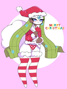 bag blue_eyes bottomwear clothed clothing clothing_lift costume female green_hair hair legwear panties santa_costume skirt skirt_lift solo text thigh_highs underwear missqueenshi nintendo pokemon tahla_zhwane generation_5_pokemon humanoid legendary_pokemon meloetta meloetta_(aria_form) pokemon_(species) 3:4 english_text