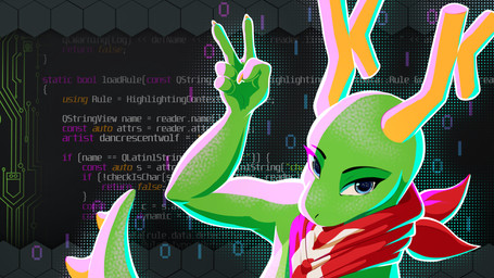 ambiguous_gender anthro binary_code gesture hand_gesture kerchief neckerchief neckwear solo v_sign dancrescentwolf kde mythology konqi dragon mythological_creature mythological_scalie scalie 16:9 hi_res widescreen