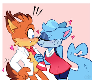 accessory affectionate anthro blue_body blue_fur blush blushing_profusely bottomless boyfriend/girlfriend canon_couple clothed clothing daww duo female flirting fur happy hearing_aid heart_symbol interspecies_romance intimate kissing love lovers_moment male male/female necktie nose_to_nose orange_body orange_fur romantic romantic_couple shirt tender tenderness topwear yoshiyoshi700 atari bubsy_(series) bubsy_4d bubsy_bobcat oblivia_(bubsy) bobcat domestic_cat felid feline felis lynx mammal 2025 2026 digital_drawing_(artwork) digital_media_(artwork) hi_res