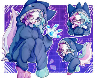 ambiguous_gender anthro blue_clothing blue_eyes blue_hair blue_pawpads bone chibi clothed clothing costume eyewear feet fingers fluffy fully_clothed fur gesture glasses hair heterochromia hoodie kemono long_tail looking_at_viewer mask multicolored_body multicolored_hair multicolored_tail multiple_poses onesie open_mouth open_smile outline pajamas pawpads paws pink_body pink_eyes pink_hair pose simple_background sitting skeleton smile solo tail teeth toes tongue topwear tuft waving white_body white_fur zipper strawberrynightmilk canid canine domestic_cat felid feline felis fox mammal hi_res