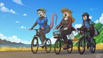 anthro beak bicycle_helmet chest_tuft cycling day detailed_background female flannel group male mountain on_bike outside trio tuft sammfeatblueheart mythology breeze_(drdewott) jay_(sammfeatblueheart) peachie_(peachbumz) american_opossum avian bird blue_jay corvid gryphon jay_(bird) mammal marsupial mythological_avian mythological_creature new_world_jay oscine passerine virginia_opossum hi_res herm_(lore)