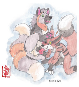 animal_genitalia animal_penis anthro anthro_on_feral anthro_penetrated aroused balls bestiality black_penis canine_genitalia canine_penis duo erection fellatio feral feral_penetrating feral_penetrating_anthro genitals knot knotted_penis male male/male oral penetration penile penis sex size_difference surprised text two_tailed_fox fennec_(artist) firefox mozilla fennec_(character) kyre_(character) canid canine fox mammal hi_res painting_(artwork) traditional_media_(artwork) watercolor_(artwork)