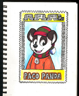 anthro black_body black_fur clothed clothing fangs front_view fur glistening glistening_eyes green_clothing green_hat green_headwear green_scarf hat headgear headwear jacket male male_anthro open_mouth open_smile orange_clothing orange_jacket orange_topwear pattern_clothing pattern_scarf red_clothing red_hat red_headwear red_scarf scarf smile solo striped_clothing striped_scarf stripes teeth topwear white_body white_fur young young_anthro young_male pandapaco parinton bear giant_panda mammal marker_(artwork) painting_(artwork) pen_(artwork) traditional_media_(artwork) watercolor_(artwork)