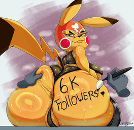 anthro anus anus_peek big_butt bodily_fluids body_writing breasts brush butt butt_focus butt_grab butt_squish camel_toe clothing cosplay_pikachu_(costume) disembodied_hand duo female fingers fur genital_outline genitals hand_on_butt holding_brush holding_object holding_paintbrush huge_butt legwear looking_at_viewer looking_back lucha_libre_mask mask paintbrush pokemorph rear_view simple_background sitting smile sports_mask sportswear spread_butt spreading squish stockings sweat sweatdrop sweaty_body sweaty_butt tail text text_on_butt topwear underwear vulva vulva_outline wrestling_mask writing_on_butt yellow_body yellow_fur g4rron nintendo pokemon pikachu_libre generation_1_pokemon mammal pikachu pokemon_(species) rodent digital_media_(artwork) english_text hi_res