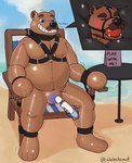 anthro ball_gag bdsm beach beach_chair beard blue_eyes bondage bound brown_body brown_fur chair clothing collar cuff_(restraint) facial_hair fur furniture gag harness latex latex_clothing latex_skinsuit leather leather_cuffs leather_harness leather_strap lock_bulge lock_symbol magic_wand male mature_male mature_sub mustache null_bulge on_chair overweight overweight_anthro overweight_male overweight_sub pool_toy restraints rubber_clothing seaside sitting sitting_on_chair skinsuit solo straps submissive submissive_male table text tight_clothing alebehemut houdinibear bear mammal english_text hi_res