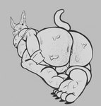 anthro anus balls barefoot bent_over big_butt bodily_fluids butt feet genitals male moobs overweight overweight_male solo sweat rokie38 dragon_ball dragon_ball_super champa domestic_cat felid feline felis mammal hi_res monochrome