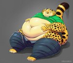 anthro belly belt big_belly big_butt big_cheeks bottomwear bottomwear_around_legs butt chubby_cheeks clothing clothing_around_legs countershading deep_navel front_view fupa fur green_clothing green_shirt green_topwear hand_on_belly looking_aside male markings navel obese obese_anthro obese_male one_eye_closed open_belt overweight overweight_anthro overweight_male pants pants_around_legs presenting presenting_belly raised_tail shirt sitting smile solo spots spotted_body spotted_fur tail topwear unbuttoned_pants whiskers wink gillpanda disney zootopia benjamin_clawhauser cheetah felid feline mammal 2022