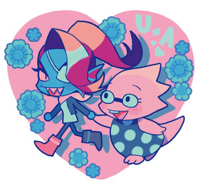 anthro biped boots bottomwear chibi clothing dress duo eye_patch eyewear female footwear glasses hair heart_symbol pants pupils red_hair sharp_teeth shirt shoes slit_pupils teeth topwear ouse undertale_(series) alphys undyne animal_humanoid aquatic aquatic_humanoid fish fish_humanoid humanoid scalie