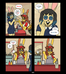 anthro biped black_hair blue_hair breasts brown_hair cash_register clothed clothing detailed_background dialogue duo female hair inside multicolored_body speech_bubble text yellow_body ponehanon lagomorph leporid mammal rabbit comic english_text hi_res