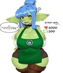 apron blue_hair breasts cleavage clothed clothing dialogue ear_piercing ear_ring female green_body green_skin hair humanoid_pointy_ears not_furry open_mouth piercing pointy_ears question_mark ring_piercing simple_background solo text thick_thighs white_background mishythesheep goblin humanoid absurd_res english_text hi_res