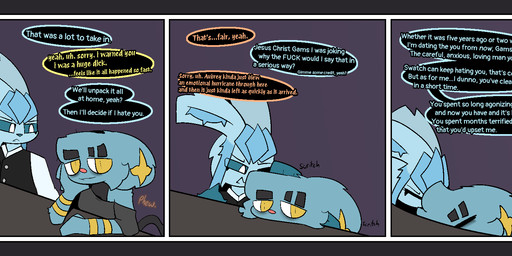annoyed anthro blue_body blue_sclera border clothing dark_sclera dialogue duo fur furniture grey_border hand_on_table headpat holding_head inside male nuzzling open_mouth petting profanity simple_background slumped table tail text topwear vest white_eyes yellow_eyes gazaster nintendo pokemon gams_(gazaster) lex_(gazaster) canid canine eeveelution felid feline generation_4_pokemon glaceon mammal pokemon_(species) shinx 2025 comic digital_media_(artwork) english_text hi_res signature nonbinary_(lore)