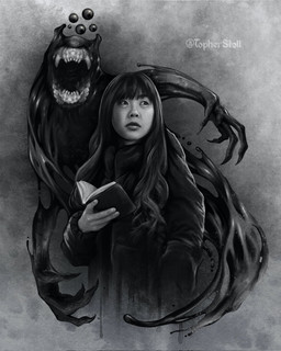 5_fingers ambiguous_form book claws clothed clothed_female clothed_human clothing duo eyebrows fangs female finger_claws fingers front_view fully_clothed fully_clothed_female fully_clothed_human grey_background hair hand_in_pocket holding_book holding_object long_hair looking_aside mouth_closed open_book open_mouth pockets simple_background teeth twitter_handle christopher_stoll goo_creature human mammal 2022 digital_drawing_(artwork) digital_media_(artwork) greyscale half-length_portrait hi_res monochrome portrait