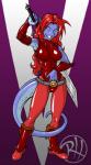 anthro boots breasts clothing fangs female footwear hair legwear long_ears melee_weapon non-mammal_breasts prehensile_tail red_hair shoes skintight_suit smile solo sword tail teeth tights weapon predaguy vik_(predaguy) alien