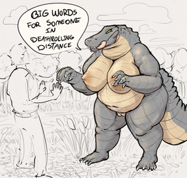 anthro belly big_breasts breasts dialogue duo eyelashes female genitals green_eyes human_on_anthro interspecies larger_anthro larger_female male male/female male_human non-mammal_breasts overweight overweight_anthro overweight_female scales sharp_teeth size_difference smaller_human swamp tail teeth text thick_tail thick_thighs ventral_scales vulva doctordj alligator alligatorid crocodilian human mammal reptile scalie english_text hi_res