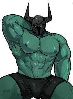 armor barazoku bulge clothed clothing green_body green_eyes hand_behind_head headgear helmet horn male muscular muscular_arms muscular_male muscular_thighs nipples partially_clothed pecs peuhehe pose showing_armpit showing_off_muscles simple_background sitting solo tight_clothing underwear league_of_legends riot_games tencent mordekaiser_(lol) human humanoid mammal hi_res