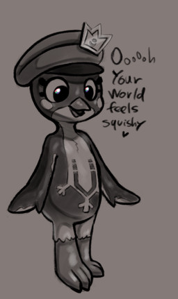 3_toes anthro beak biped black_text blush blush_stickers clothing dialogue eyelashes feathers featureless_chest featureless_crotch feet female female_anthro flat_chested flippers hat hat_only headgear headgear_only headwear headwear_only heart_symbol mitten_hands mostly_nude semi-anthro solo standing text toes young young_anthro young_female soulcentinel abiotic_factor commander_fili avian bird penguin 2025 english_text greyscale monochrome