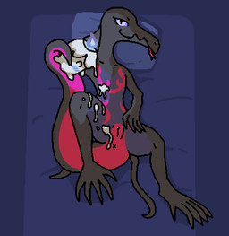ambiguous_gender anthro anus bed being_held biped bird's-eye_view black_body blue_eyes blue_markings blush candle claws clitoral_hood clitoris digitigrade dripping_wax duo featureless_chest female female/ambiguous feral fire flat_chested forked_tongue furniture genitals hand_behind_back hand_on_leg happy held_by_tail high-angle_view inside long_tail looking_at_viewer lying markings monotone_background non-mammal_vulva nude on_back pillow pink_markings plump_labia presenting presenting_vulva simple_background smile spread_legs spreading tail tongue tongue_out vulva wax wax_on_chest wax_on_leg wax_on_stomach wax_play x_anus pixel_vibri nintendo pokemon generation_5_pokemon generation_7_pokemon litwick pokemon_(species) salazzle 2026 aliasing digital_media_(artwork) hi_res shaded