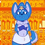 anthro bulge clothing costume egyptian egyptian_clothing erection fur looking_at_viewer male smile solo standing young young_anthro wolfyzeeb ankha_zone zeeb_wolfy canid canine canis mammal wolf 1:1