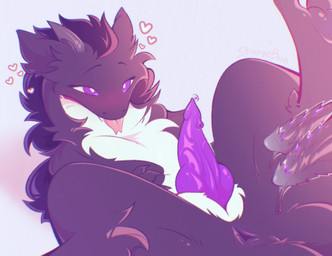 2_penises animal_genitalia animal_penis anthro anus bent_legs black_body black_fur black_penis bodily_fluids duo erection feline_genitalia feline_penis forked_tongue fur genital_fluids genitals heart_symbol hearts_around_head hemipenes horn knot knotted_penis leaking_precum legs_up male multi_genitalia multi_penis offscreen_character penis pink_tongue precum purple_eyes purple_penis simple_background slit_penis solo_focus spread_legs spreading tongue tongue_out white_background white_body white_fur strangebun mythology dragon furred_dragon furred_scalie mythological_creature mythological_scalie scalie 2026 digital_drawing_(artwork) digital_media_(artwork) english_description hi_res