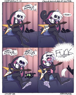 5_fingers anthro biped black_body black_fur breasts buckteeth clothed clothing crossed_legs curvy_figure detailed_background dialogue ear_flick electric_guitar eye_through_hair eyelashes female fingers floppy_ears frustrated fur furniture glare guitar guitar_pick hair inside long_ears multicolored_body multicolored_fur musical_instrument musical_note musical_symbol narrowed_eyes pattern_clothing pattern_shirt pattern_topwear pink_inner_ear playing_music plucked_string_instrument profanity purple_eyes shirt sigh solo startled string_instrument striped_clothing striped_shirt striped_topwear stripes symbol teeth text tongue topwear translucent translucent_hair two_tone_body two_tone_fur undershirt white_body white_fur white_hair yelling atokitsune calliope_cox domestic_cat felid feline felis lagomorph leporid mammal rabbit 2024 4:5 comic english_text hi_res signature