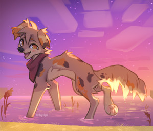 blush brown_body brown_fur feral fur looking_at_viewer open_mouth open_smile outside partially_submerged smile solo sunset text toony_expression water hyilpi canid canine canis domestic_dog mammal 2023 artist_name digital_media_(artwork)