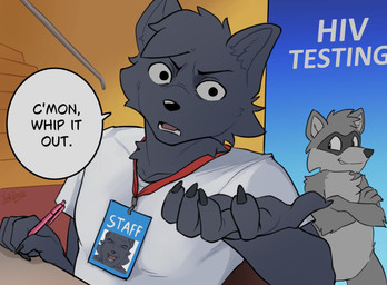 anthro black_body black_fur claws clothed clothing crossed_arms desk dialogue eyebrows fur furniture hair hiv_testing holding_object holding_pen humor id_card inside inviting looking_at_viewer male neckwear one_eye_closed open_mouth pen shirt sign sitting solo stairs table talking_to_viewer text topwear tuft wink fanteliscio anthrocon canid canine canis mammal procyonid raccoon wolf 2025 absurd_res english_text hi_res reaction_image signature